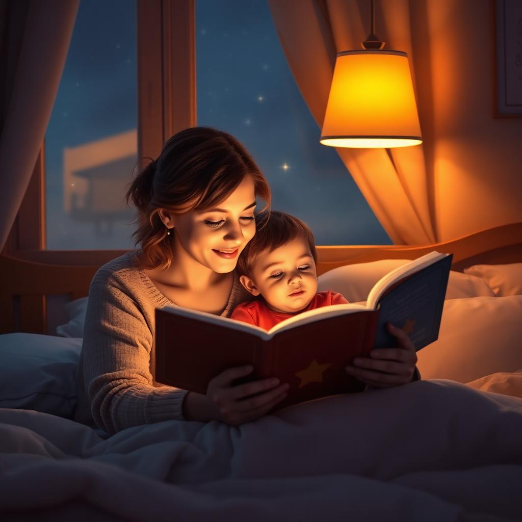 Mãe lendo um livro de histórias para o filho na hora de dormir