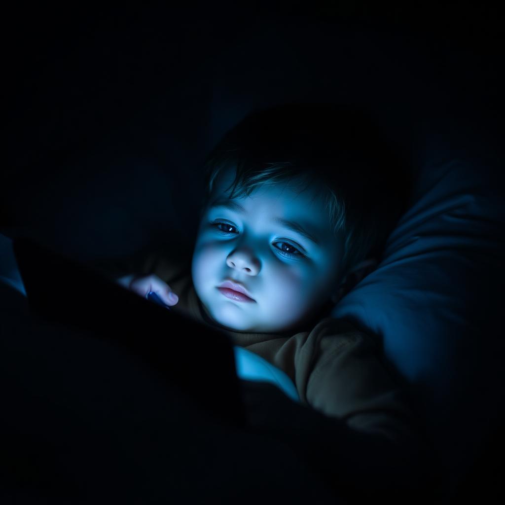 Criança na cama com o rosto iluminado pela luz azul de um tablet